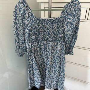 O.P.D. Blue floral square neck ruched bodice baby doll dress